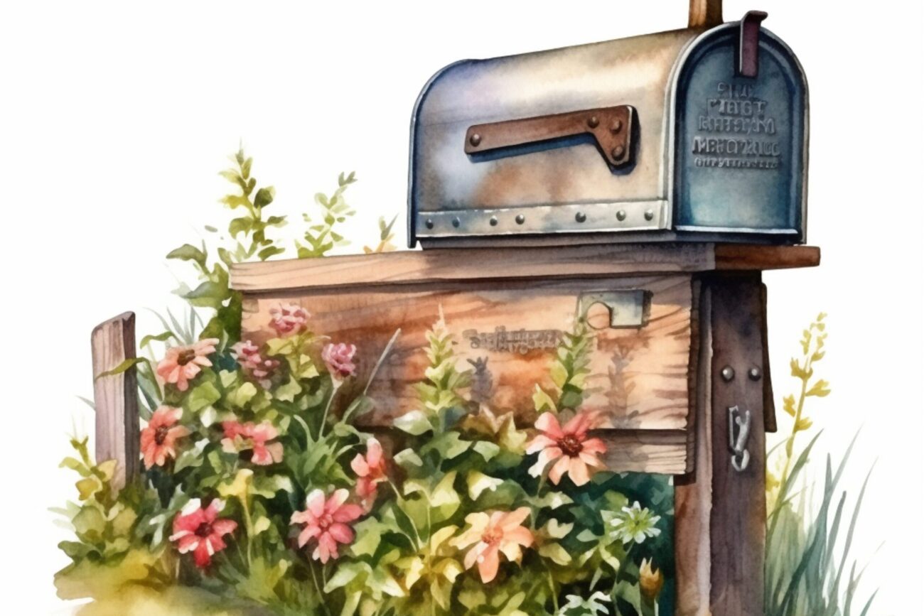 there is a watercolor painting of a mailbox with flowers. genera watercolor painting mailbox with flowers